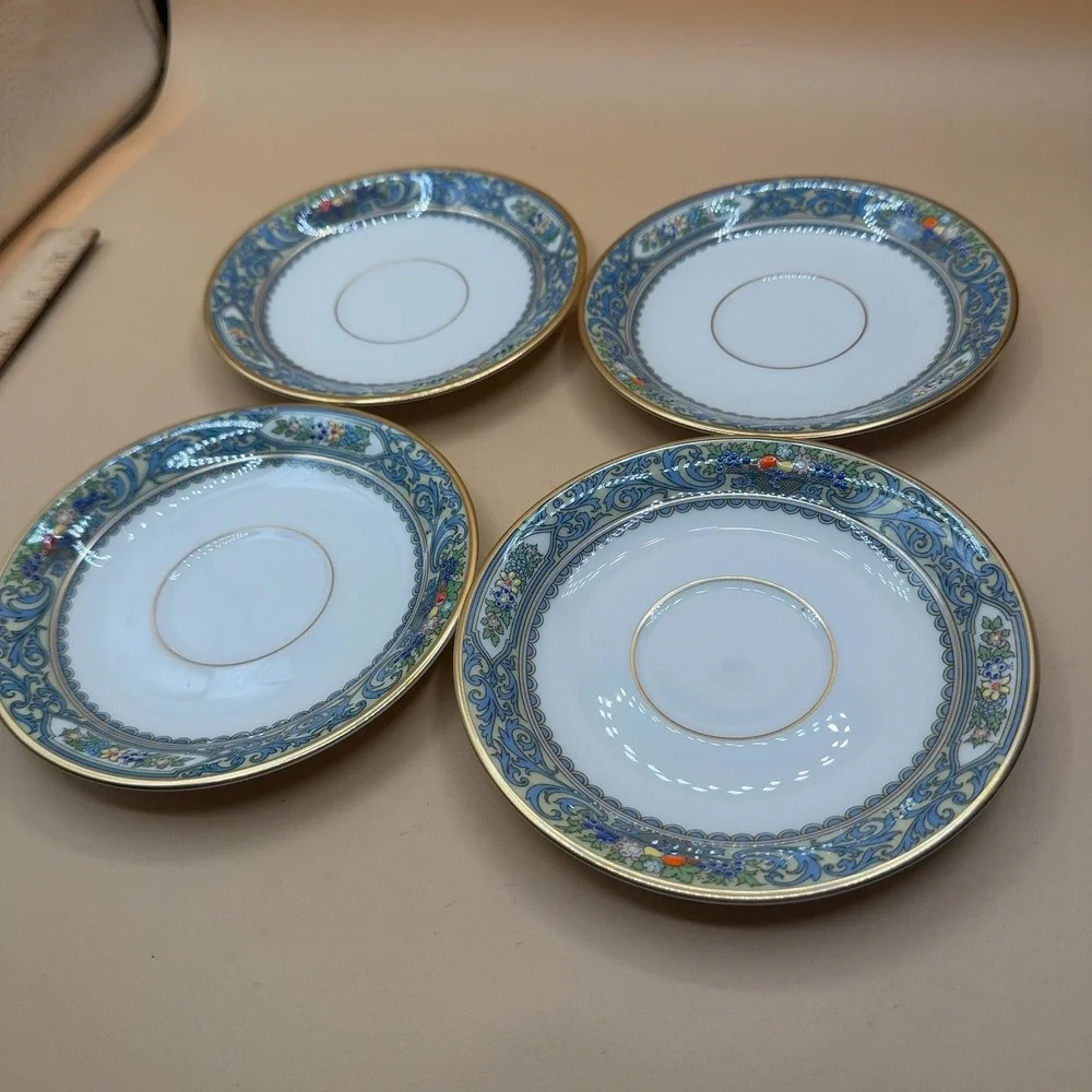 Lenox Autumn Saucer Plates Blue Floral Gold Trim Porcelain 4-Pack Made in USA